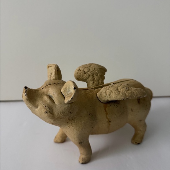Vintage Piggy Bank Cast Iron Pig Wings Flying Rustic Farmhouse Coin Bank